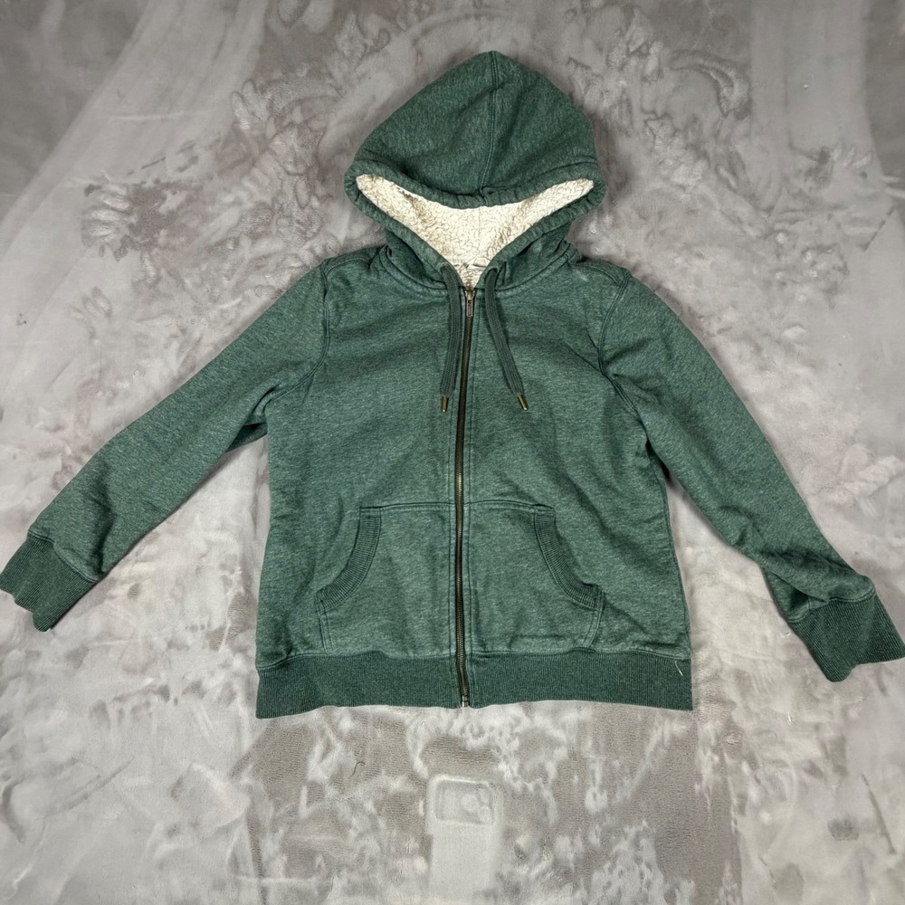 LL Bean Womens Medium Petite Green Sherpa Lined Full Zip Hoodie Sweatshirt